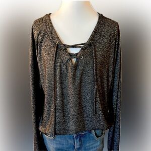 Long Sleeve Lace Up Shirt Top-Heather Gray Medium